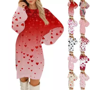 Женские повседневные платья с круглым вырезом и длинным рукавом из плюша с принтом ко Дню святого Валентина L бежевый