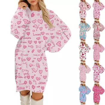 Женские повседневные платья с круглым вырезом и длинным рукавом из плюша с принтом ко Дню святого Валентина L бежевый