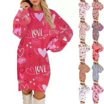 Женские повседневные платья с круглым вырезом и длинным рукавом из плюша с принтом ко Дню святого Валентина S киноварь