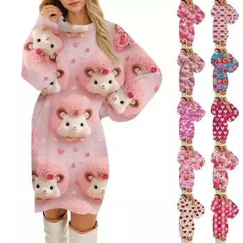 Женские повседневные платья с круглым вырезом и длинным рукавом из плюша с принтом ко Дню святого Валентина S