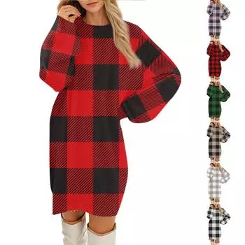 Женские повседневные платья с круглым вырезом и длинным рукавом из плюша в градиентную клетку L