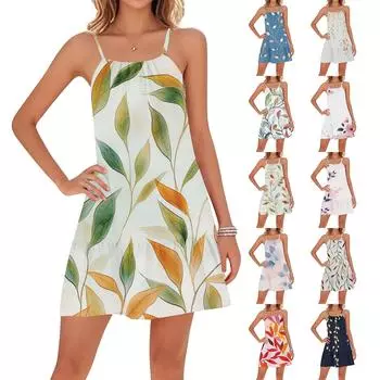 Женские повседневные платья с круглым вырезом и регулируемыми бретелями для пляжа с открытой спиной L хаки