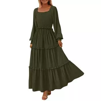 Женские повседневные платья с квадратным вырезом в горошек, многослойные, с длинным рукавом и усадочными карманами L армия зеленый