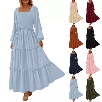 Женские повседневные платья с квадратным вырезом в горошек, многослойные, с длинным рукавом и усадочными карманами L армия зеленый