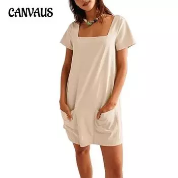 Женские повседневные платья с квадратным вырезом и коротким рукавом S чёрный