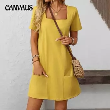 Женские повседневные платья с квадратным вырезом и коротким рукавом M жёлтый