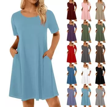 Женские повседневные платья с однотонным принтом, летние платья с коротким рукавом и круглым вырезом L синий