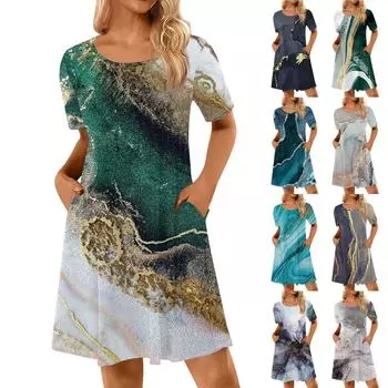 Женские повседневные платья с однотонным принтом, летние платья с коротким рукавом и круглым вырезом XXL