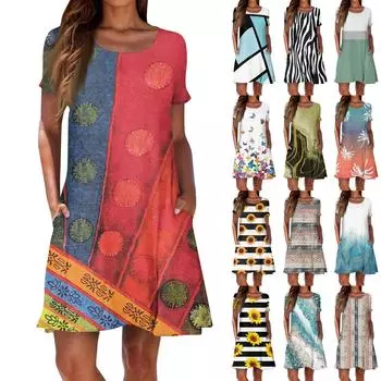 Женские повседневные платья с принтом кисточек, летние женские свободные платья с короткими рукавами и круглым вырезом M