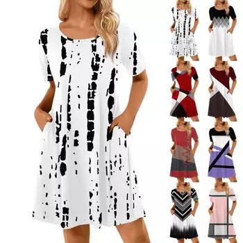 Женские повседневные платья с принтом Летние платья с коротким рукавом и круглым вырезом L чёрный