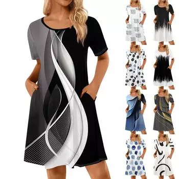 Женские повседневные платья с принтом Летние платья с коротким рукавом и круглым вырезом XXL синий
