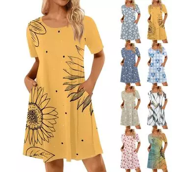 Женские повседневные платья с принтом Летние платья с коротким рукавом и круглым вырезом L синий