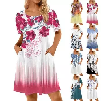 Женские повседневные платья с принтом Летние платья с коротким рукавом и круглым вырезом L синий