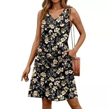 Женские повседневные платья с V-образным вырезом для пляжного отдыха в винтажном стиле, однотонные, без рукавов, сращивающиеся XL чёрный