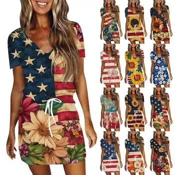Женские повседневные платья с V-образным вырезом, коротким рукавом, завязками и принтом «День независимости» XXL синий