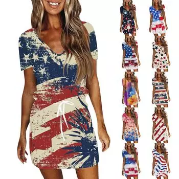 Женские повседневные платья с V-образным вырезом, коротким рукавом, завязками и принтом «День независимости» XL винный