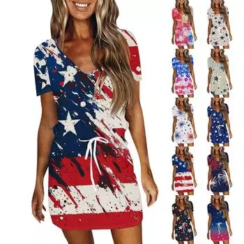 Женские повседневные платья с V-образным вырезом, коротким рукавом, завязками и принтом «День независимости» XL