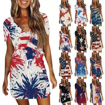 Женские повседневные платья с V-образным вырезом, коротким рукавом, завязками и принтом «День независимости» XXL бежевый