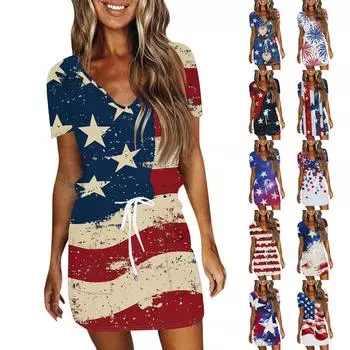 Женские повседневные платья с V-образным вырезом, коротким рукавом, завязками и принтом «День независимости» M синий