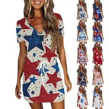Женские повседневные платья с V-образным вырезом, коротким рукавом, завязками и принтом «День независимости» S бежевый