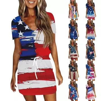 Женские повседневные платья с V-образным вырезом, коротким рукавом, завязками и принтом «День независимости» M винный