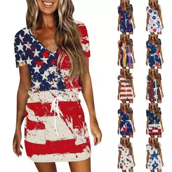 Женские повседневные платья с V-образным вырезом, коротким рукавом, завязками и принтом «День независимости» M синий