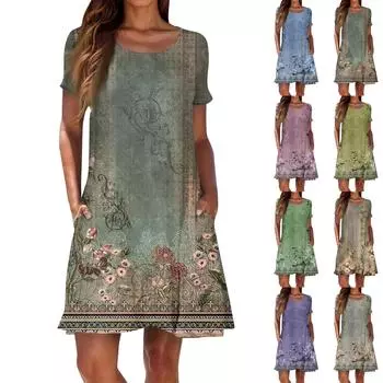 Женские повседневные платья с винтажным принтом, летние женские свободные платья с короткими рукавами и круглым вырезом