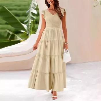 Женские повседневные платья, струящееся платье миди с короткими рукавами и завязкой с V-образным вырезом. Женское летнее платье макси с короткими рукавами и V-образным вырезом. L бежевый