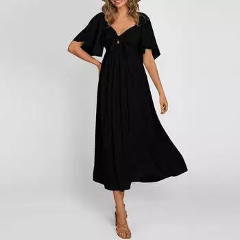 Женские повседневные платья, струящееся платье миди с короткими рукавами и завязкой с V-образным вырезом. Женское летнее платье макси с короткими рукавами и V-образным вырезом. XXL чёрный