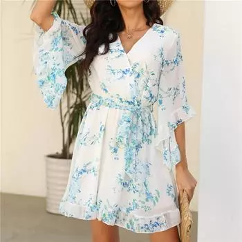 Женские повседневные платья трапециевидной формы до колена с коротким рукавом и v-образным вырезом S зелёный