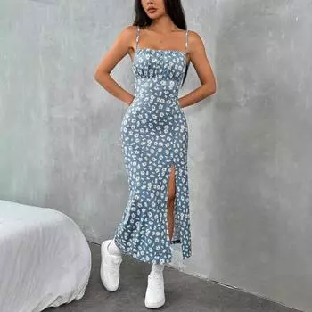 Женские повседневные платья весна-лето на бретелях с высоким разрезом и принтом маргариток XS чёрный