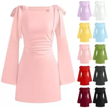 Женские повседневные платья весна-лето с круглым вырезом, однотонные платья с длинным рукавом L чёрный