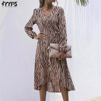 Женские повседневные платья YYFS с длинным рукавом и v-образным вырезом в винтажную полоску S белый