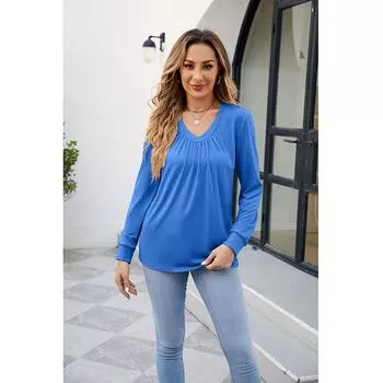 Женские повседневные плиссированные футболки с v-образным вырезом, модные однотонные повседневные топы с длинными рукавами S розовый