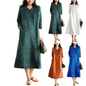 Женские повседневные плиссированные платья с V-образным вырезом и карманами Длинные платья L синий