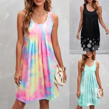 Женские повседневные плиссированные жилеты без рукавов с круглым вырезом и принтом тай-дай, платья-бретельки L чёрный