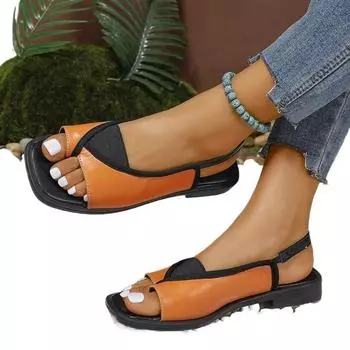 Женские повседневные пляжные туфли с леопардовым принтом 2024 года, новые римские босоножки с квадратным носком и низким каблуком, женские легкие сандалии без застежек 35 леопардовый