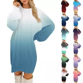 Женские повседневные плюшевые платья с круглым вырезом и длинным рукавом L синий