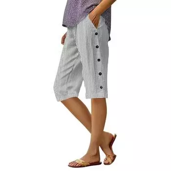 Женские повседневные полосатые брюки с принтом на боковой пуговице, модные пять брюк, свободные прямые брюки с эластичной резинкой на талии и удобными карманами M чёрный