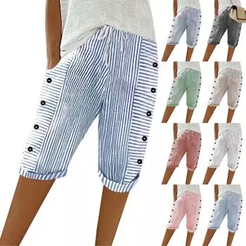 Женские повседневные полосатые брюки с принтом на боковой пуговице, модные пять брюк, свободные прямые брюки с эластичной резинкой на талии и удобными карманами L чёрный