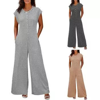 Женские повседневные полосатые комбинезоны, летние, с рукавами-крылышками, широкие штанины, комбинезоны на пуговицах S чёрный