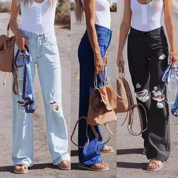 Женские повседневные потертые джинсовые брюки с потертостями, обычные широкие брюки, джинсы M чёрный