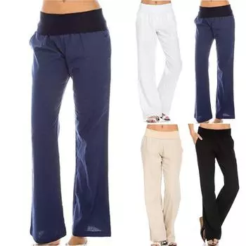 Женские повседневные прямые брюки из хлопка и льна с эластичной резинкой на талии, однотонные широкие брюки XXL чёрный