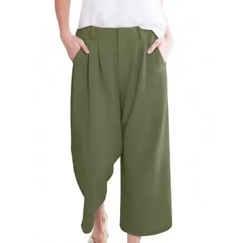 Женские повседневные прямые брюки однотонные с высокой талией и карманами L армия зеленый