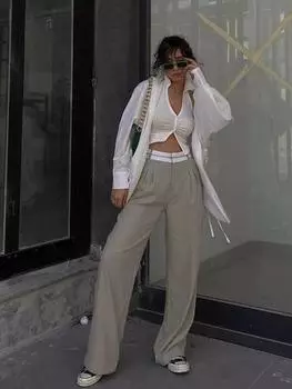 Женские повседневные прямые брюки, осень-зима 2022, плиссированные офисные женские брюки с высокой талией, элегантные простые свободные женские брюки S серый