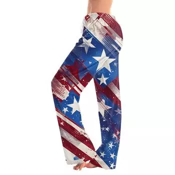Женские повседневные прямые брюки с принтом «День независимости» Домашние пижамные брюки Повседневные брюки L синий