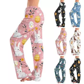 Женские повседневные прямые брюки с принтом пасхального яйца Домашние повседневные брюки M чёрный