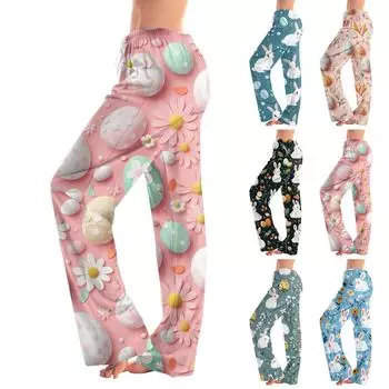 Женские повседневные прямые брюки с принтом пасхального яйца Домашние повседневные брюки XL чёрный