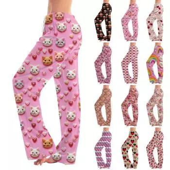 Женские повседневные прямые брюки с принтом повседневные длинные брюки L чёрный