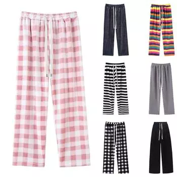 Женские повседневные прямые брюки с принтом в клетку, однотонные повседневные длинные брюки L чёрный